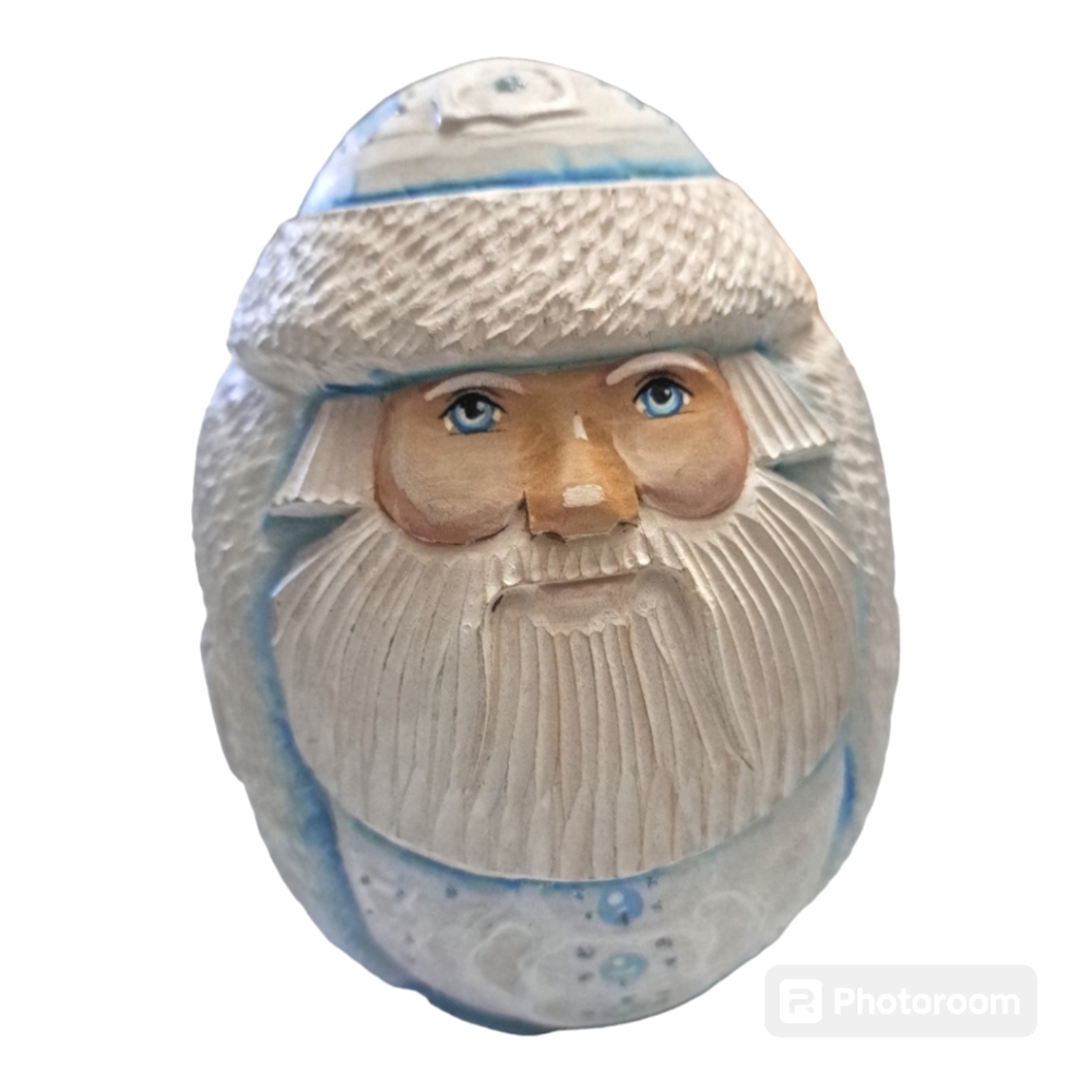 Santa Carved Linden Wood Egg Signed By Artisit Russian